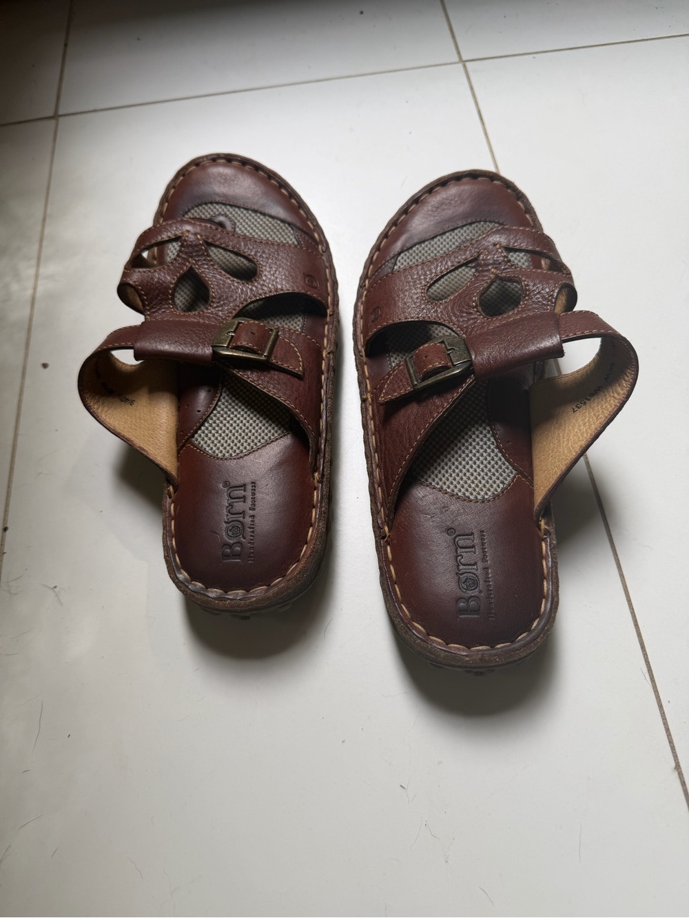Born women’s Dark Brown Leather Slide Sandals with Buckle Straps